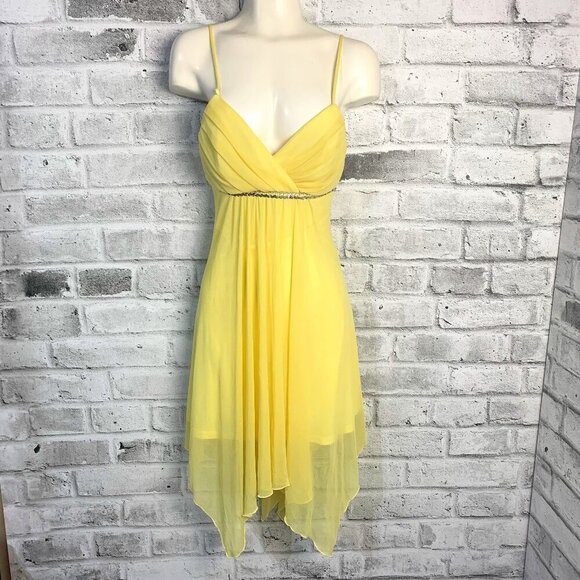 Vintage Babydoll Sheer Yellow Chiffon Handkerchief Asymmetrical Hem Midi Dress - Picture 1 of 13